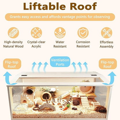 Prolee Hamster Cage Wooden Chew Proof, Extra Large Mice and Rat Habitat Openable Top with Acrylic Sheets Solid Built Small Animal Cage with Leg Stands, 48 Inch Long