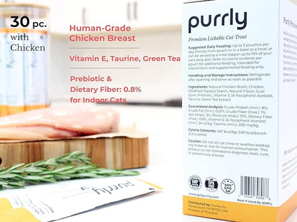 Purrly Low Calorie Premium Lickable Cat Treat Topper Healthy Chicken Variety Bundle (90 Count) Human-Grade Protein Sources with Functional Nutrients Wet Squeeze Creamy Purée Grain-Free Non-GMO