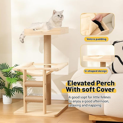 KVIDA Extra-Sturdy Wooden Cat Tree for Large Cats – Modern 3-Level Tower with Hammock, Anti-Tip Sisal Posts & Oversized Perch, Ideal for Indoor Big Cats & Multi-Cat Homes