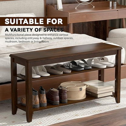 Shoe Bench Storage Rubberwood, Entryway Bench with 3-Tiers Height Adjustable, Shoe Rack Front Door Entrance Organizer for Hallway Living Room, Mudrooms, Walnut,23.6"