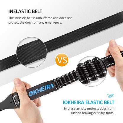 Dog Seat Belt 3-in-1 Car Harness for Dogs Adjustable Safety Seatbelt for Car Nylon Reflective Bungee Fabric Dog Car Harness with Clip Hook Latch & Buckle, Swivel Zinc Alloy Carabiner (Black)