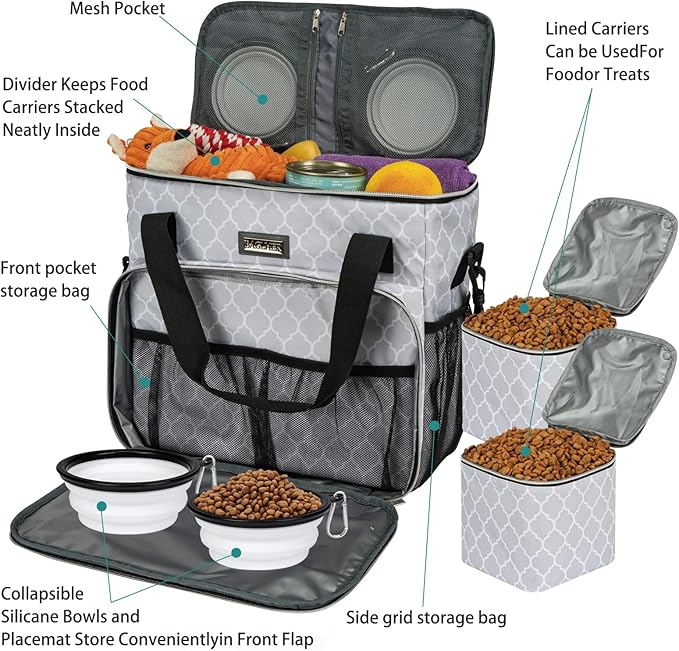 BAGLHER Dog Travel Bag, Pet Travel Bag (ALL Pet Travel Supplies), With 2 Pet Food Containers and 2 Collapsible Silicone Bowls; Essential Kits for Pet Travel DLwhite