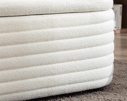Storage Teddy Ottoman Bench Upholstered Fabric Storage Bench End of Bed Stool with Safety Hinge for Bedroom, Living Room, Entryway, Closet(44.5", White)