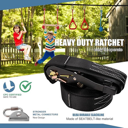 Slsy Ninja Warrior Obstacle Course for Kids, 50FT Durable Ninja Slackline Kit with 8 Complete Accessories, Playset Equipment with Swing, Climbing Net, Ladder & Monkey Bars (8 Obstacles)