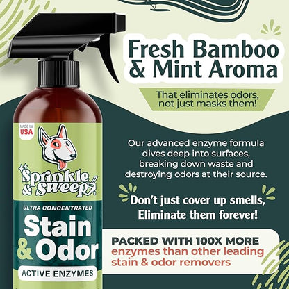 Sprinkle & Sweep Pet Stain and Odor Remover - Super Concentrated Pet Odor Eliminator - No Scrubbing Dog & Cat Urine Enzyme Cleaner Destroyer - Carpet Cleaner for Multiple Surfaces (24 oz Pack of 2)