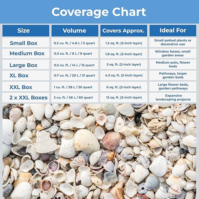 Natural Organic Sea Shell Mulch for Gardens and Landscaping – Decorative and Nutrient-Rich, 0.5–3-Inch Shells, Perfect for Indoor and Outdoor Use (0.5 CF - 14 L - 15 QTS)
