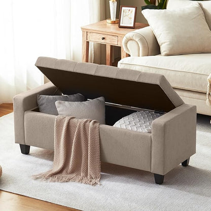Ottoman with Storage, 48.8" Fabric Storage Ottoman Bench with Hinge, Bedroom Bench, Upholstered Benches with Seating for Living Room, Entryway (Khaki)
