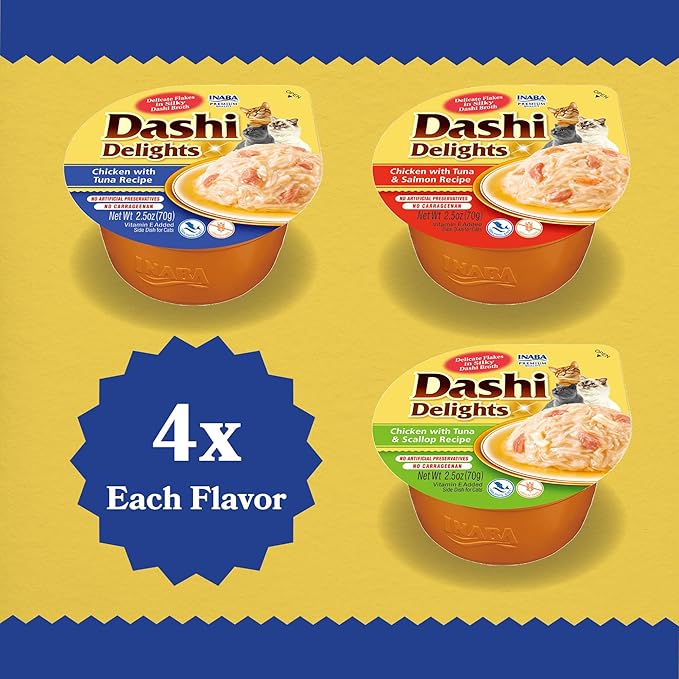 INABA Dashi Delights for Cats, Shredded Chicken with Bonito Flake Broth, 2.5 Ounce Cup, 12 Cups Total, Tuna Variety