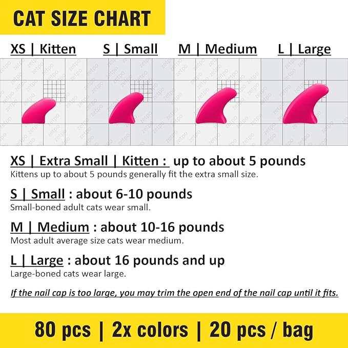 zetpo 80 pcs Cat Claw Covers | Cat Nail Caps | with Adhesives and Applicators (L, Bright Pink, Rose)