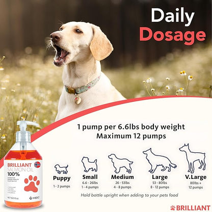 Brilliant Omega 3 Salmon Oil for Dogs & Cats - Norwegian Fish Oil Supplement with EPA & DHA Fatty Acids for Shedding, Allergy, Itching, Dry Skin & Joint Health - Skin and Coat Fish Oil Liquid, 40 Oz