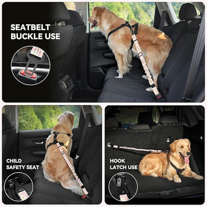 Pawaboo Dog Seatbelt for Car, 3-in-1 Dog Seat Belt Bungee, Shockproof Dogs Tether for Car with Buckle & Hook Latch, Adjustable Reflective Dogs Cars Harness Leash with 360° Lockable Buckle, Light Pink