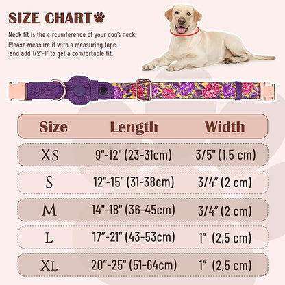 AirTag Dog Collar for Small Medium Large Breed - Adjustable Cute Pattern Dog Collar with Airtag Holder - Soft Leather Tracker GPS Apple Air Tag Pet Collars (Small, 12"-15" Neck Fit, Peonies)