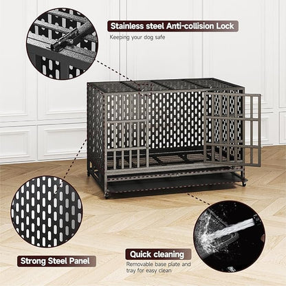 48/42 Inch Heavy Duty Indestructible Dog Crate Steel Escape Proof, Indoor Double Door High Anxiety Cage, Kennel with Wheels, Removable Tray, Extra Large XL XXL