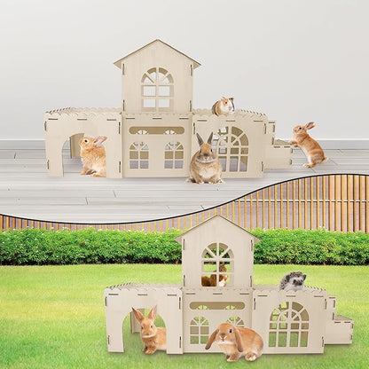 YUEPET Extra Large Wooden Rabbit Hideout Castle Detachable Bunny Tunnel Hut with Ramp Small Animal Houses & Habitats for Outdoor Indoor Rabbit Guinea Pig Chinchilla Ferret Hamster to Rest Hideawy Play