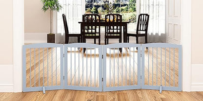 Freestanding Pet Gate - Foldable Wooden Dog Gate for House, Indoor, 80 Inch Wide, 4 Panels 24", Grey