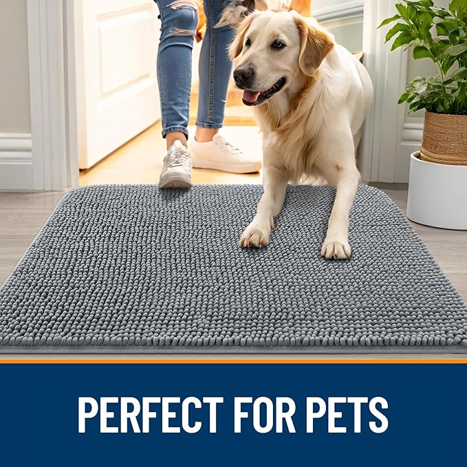 OLANLY Dog Door Mat Set 4-Piece 70x24, Absorbs Moisture and Dirt, Absorbent Non-Slip Washable Doormat, Quick Dry Chenille Mud Mat for Dogs, Entry Indoor Entryway Carpet for Inside Floor, Grey