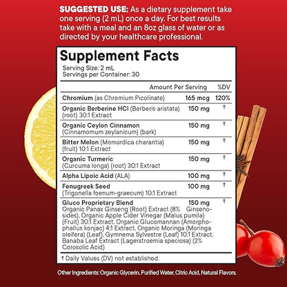 Berberine with Ceylon Cinnamon Supplement Liquid Drops + Bitter Melon Extract, Glucomannan, Gymnema, Chromium, Turmeric, Panax Ginseng, Moringa - 2 OZ