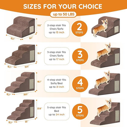 Dogs Steps for Bed, Dog Stairs for Small Dogs, 4-Step Dog Ramp for Bed, Couch, Sofa, and Chairs, Non-Slip Bottom Design, Cat Scratching, High Density Foam Portable Pet Step, Indoor, Coffee