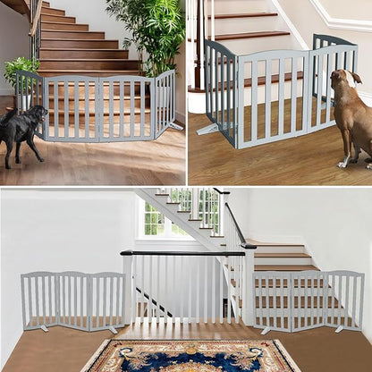 ZJSF Foldable Freestanding Indoor Dog Gate for House Wood Long Pet Gates Dog Fence for Stairs Puppy Gates for Hallways, Puppy Gate,Support Feet Included, Grey, 32 "Height-3 Panels