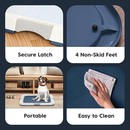 IRIS USA Pee Pad Holder - For Potty Training Regular Sized Dog & Puppy Pee Pads, Secured Latches, Non-Skid Feet, Leak Protection, Fits 22"x22" Pad or Larger, Square, Navy