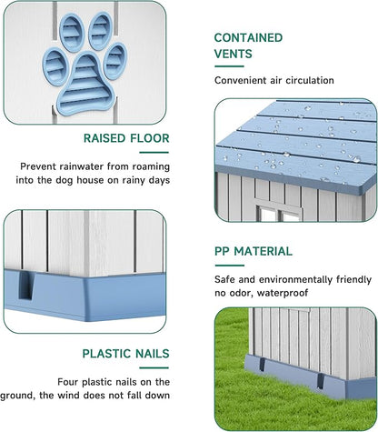 Vixzen 32in Large Outdoor Dog House,Durable Water Resistant Resin Dog House,Doghouse for Small to Large Dogs Indoor or Outside,with Air Vent and Elevated Floor,Blue
