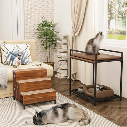 Dog Window Perch, Pet Bunk Bed with Multi-Level Platform, Non-Slip Cat Window Perch with Stroage Drawers, Dog Perch to Look Out Window, Wooden Steps for Small, Large Sized Dogs and Cats