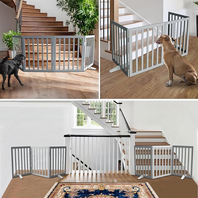 ZJSF Freestanding Indoor Dog Gate for House Foldable Wood Puppy Gate for Doorways Pet Gate for Stairs Extra Wide Pet Fence, Grey, 32" Height 3 Panels