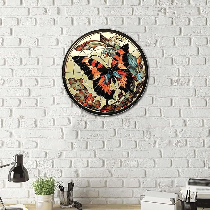 Lygond Metal Sign Tin Sign Circular Stained Glass Butterfly Bar Signs for Home Decor for Yard 12×12 Inches