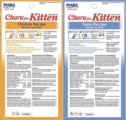 INABA Churu for Kittens, Grain-Free Creamy, Purée Lickable Cat Treats with DHA, EPA, Vitamin E & Taurine, 0.5 Ounces Each, 24 Tubes (4 per Pack), 2 Flavor Variety Pack