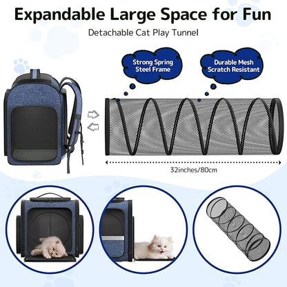 Pawtners Cat Carrier Backpacks Expandable Pet Backpack with Breathable Mesh, Pet Carrier Backpack for Cats Small Dogs Puppies Up to 18 Lbs, Dog Carrier Backpack for Travel Hiking Camping Outdoor Blue