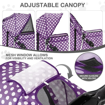 MoNiBloom 3 Wheels Pet Dog Cat Stroller for Small Medium Dogs Cats, Foldable Jogger Stroller w/Storage Basket and Cup Holder, Purple Polka Dots