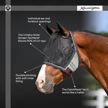 Kensington 90% UV Fly Mask Halter CatchMask UViator - Without Ears & Forelock Freedom Web Trim *Roomy Fit*- X-Large, Lavender Mint