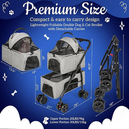 Detachable Pet Double Stroller with 4 Rolling Casters for 2 Pets – Lightweight Multifunctional Travel Stroller with Mesh Windows, Cup Holder, Sun Shades & Storage Pocket for Puppy and Kitty