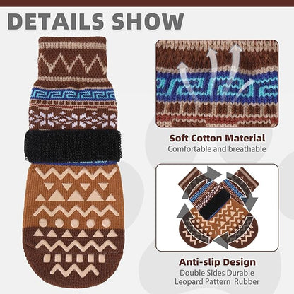 KOOLTAIL Dog Socks to Prevent Licking Paws for Hardwood Floors Anti Slip, Winter Warm Pet Boots&Paw Protector with Grippers, Double Sides Dog Shoes Booties for Small Medium Large Senior Dogs Khaki M