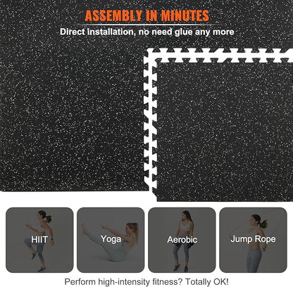 VEVOR 0.56Inch 48sq.ft 12 Tiles Gym Flooring for Home Gym, Rubber Top with High Density EVA Foam,25 x 25In Gym Floor Exercise Equipment Mats, Interlocking Gym Mats, Puzzle Workout Mats, Black & Grey