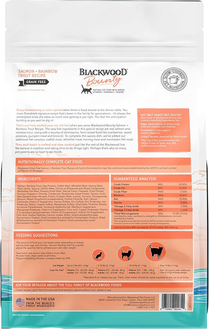 Blackwood Bounty Dry Cat Food, Salmon & Rainbow Trout Recipe for All Life Stages, 10 Pound Bag, High Protein, Grain Free