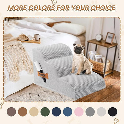 Romrol Dog Stairs Ramp for High Beds Couches, High Density Foam Pet Steps with Durable Non-Slip Waterproof Fabric Cover, Dog Stairs for Small Dogs or Cats or Pets, 3-Step,15 Inch,Light-Grey