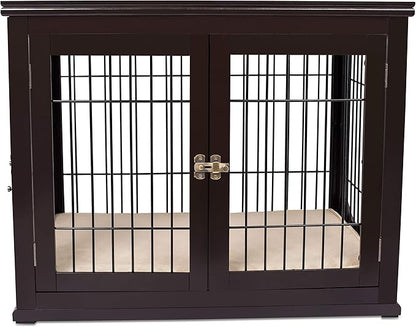 INTERNET'S BEST Decorative Dog Kennel with Pet Bed, Small Pet House, Double Door Indoor Crate, Engineered Wood & Wire Furniture, Side Table & Nightstand, Fits Small Dogs - Espresso
