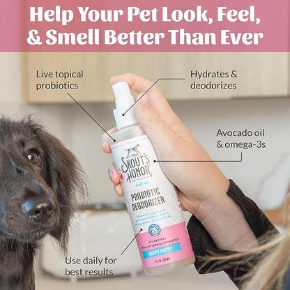 SKOUT'S HONOR Pet Deodorizer Spray- Hydrating Daily-Use with Avocado Oil & Omega-3s, Microbiome Friendly Certiified, Paraben & Sulfate-Free, 97% Natural, 8oz, Happy Puppy, 2-Pack