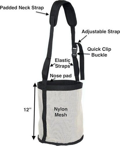 Majestic Ally Horse Feed Bag, Heavy Duty Nylon Mesh Grain Feed Bag, Adjustable Strap with Durable Snap and Elastic Straps, Comfort Neck Pad and Nose Pad- Large (Draft, Beige)
