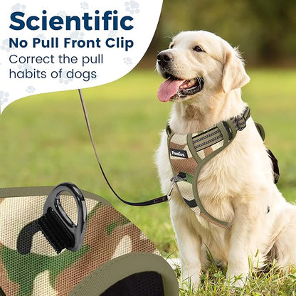 Funfox Dog Harness No Pull, Adjustable Pet Vest Harness, Super Soft Material with Vertical Handle Easy Control, Reflective Night Walking, 2 Leash Clips for Small Sized Dogs, Camo Green, S
