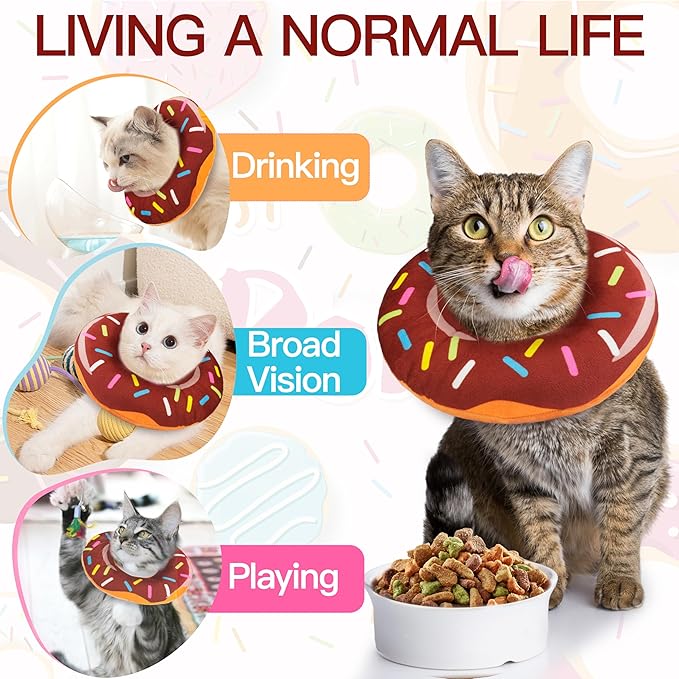 Cat Cone Collar Soft, Cute Cat Donut Collar After Surgery, Adjustable Kitten Recovery Cones to Stop Licking, Lightweight Neck Elizabethan Collars for Cats Kittens (Brown, Small)