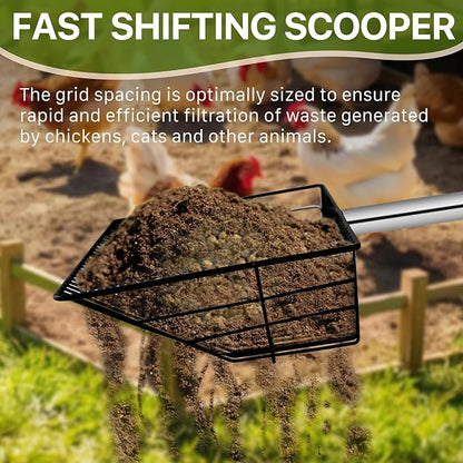 Chicken Poop Scooper with Long Handle- Coop Scoop with 24-68" Adjustable Stainless Handle, 4-in-1 Sifter Shovel for Poultry Waste Cleaning Accessories (Black)