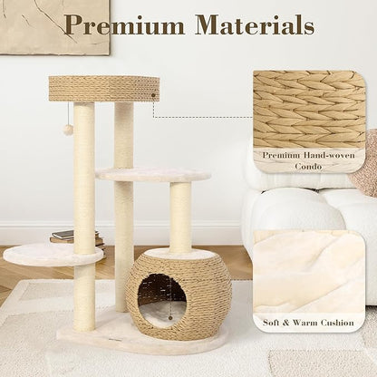KAMABOKO Modern Cat Tree, 39" Tall Cat Trees for Kittens Climb Play & Rest, Cat-Tree for Indoor Cats w/Natural Sisal Scratching Posts, Hand-Woven Condo & Top Perch