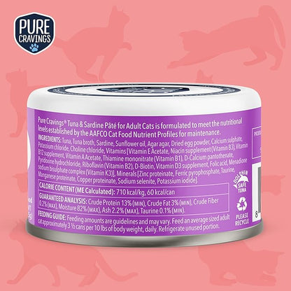 Tuna and Sardine Pate, Canned Wet Cat Food, 100% Mercury-Tested, Moist Can Fish, Grain-Free Protein, Non-GMO, 12 Pack