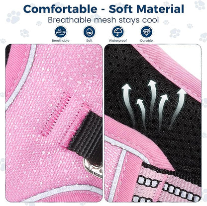 Funfox Dog Harness No Pull, Adjustable Pet Vest Harness, Super Soft Material with Vertical Handle Easy Control, Reflective Night Walking, 2 Leash Clips for Large Dogs, Pink, L