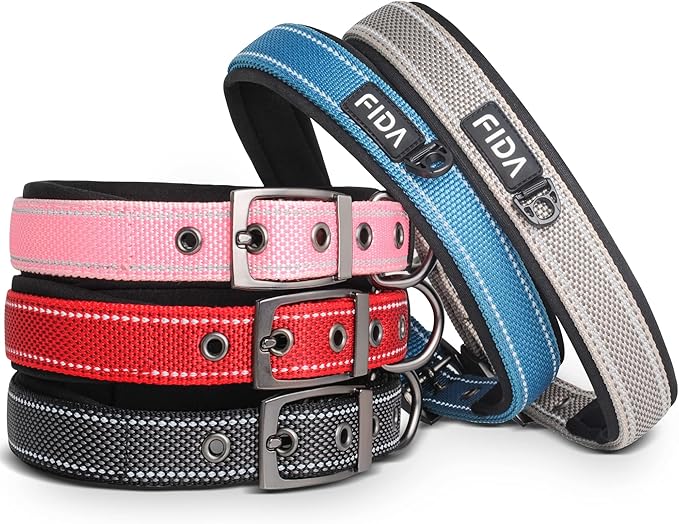 Fida Heavy Duty Dog Collar, Ultra Comfortable Soft Neoprene Padded, Adjustable Reflective Nylon Pet Collar with Durable Metal Belt Buckle for Medium Breeds (M, Grey)