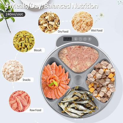 Automatic Cat Feeder Wet Food, Battery Operated Auto Wet/Dry Food Feeder with 2 Ice Packs, Cordless Programmable Timer Pet Auto Dispenser for Cat and Small & Medium Dog (4-Meals & Battery Included)