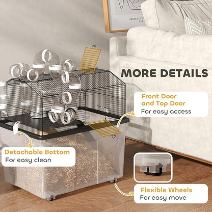 PawHut Large Hamster Cage with 12" Deep Tray, 2 Tier Gerbil Cage with Tube System, Water Bottle, Ramp, Feeding Bowl, 23" x 17" x 22", Black