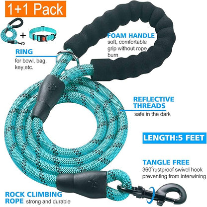 Heavy Duty Dog Leash - Comfortable Padded Handle, 5 ft Long - Dog Leashes for Small Medium Large Dogs (Leash+Collar L Neck 20"-25", Blue)